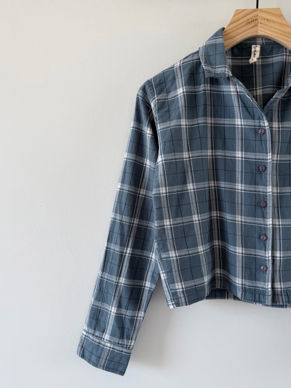 Blue Plaid Cropped Button Up Shirt Y2K Casual Top Tagged L Fits S - Picture 3 of 6